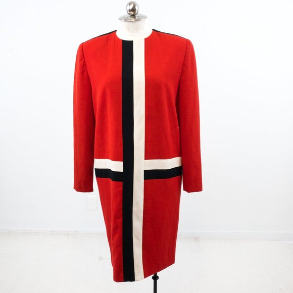 Vintage 80s 10 Wool Colorblock Stripe Dress Red - Picture 11 of 11